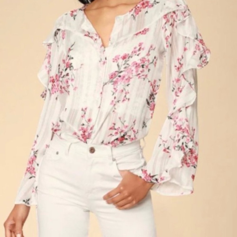 Lulus Pink & White Floral Tender Love Print Cherry Blossom Blouse Size Small
